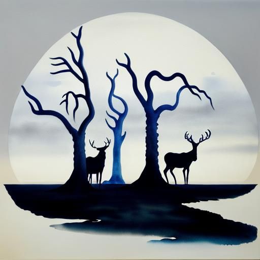 Surreal Stag Silhouettes in Watercolor Style