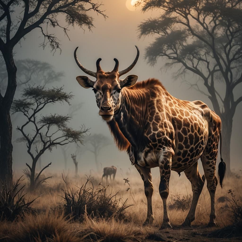 Surreal Bull-Giraffe Hybrid in Misty Savannah