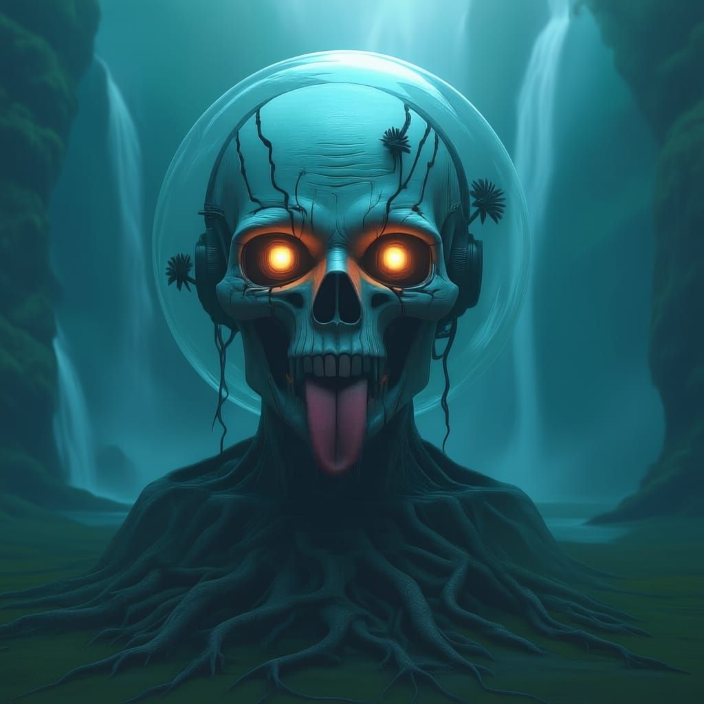 Robot Face in Glass Orb with Ominous Plants