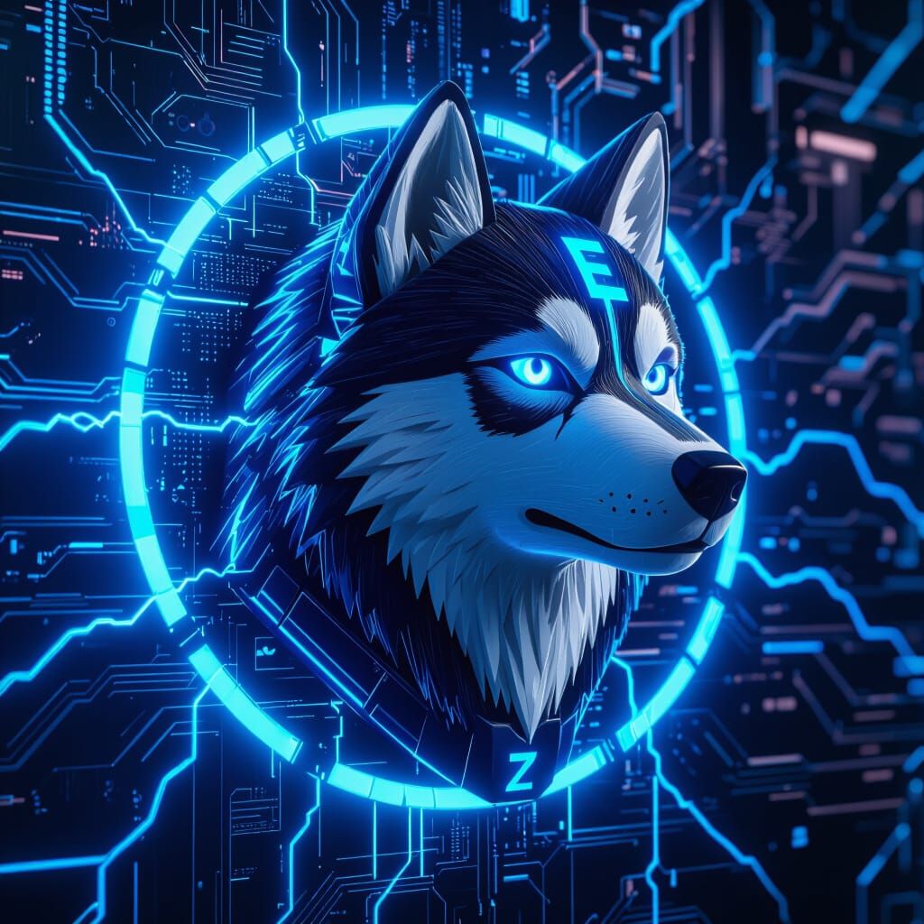 3D Robotic Husky Head Icon with Cyberpunk Tech Wall