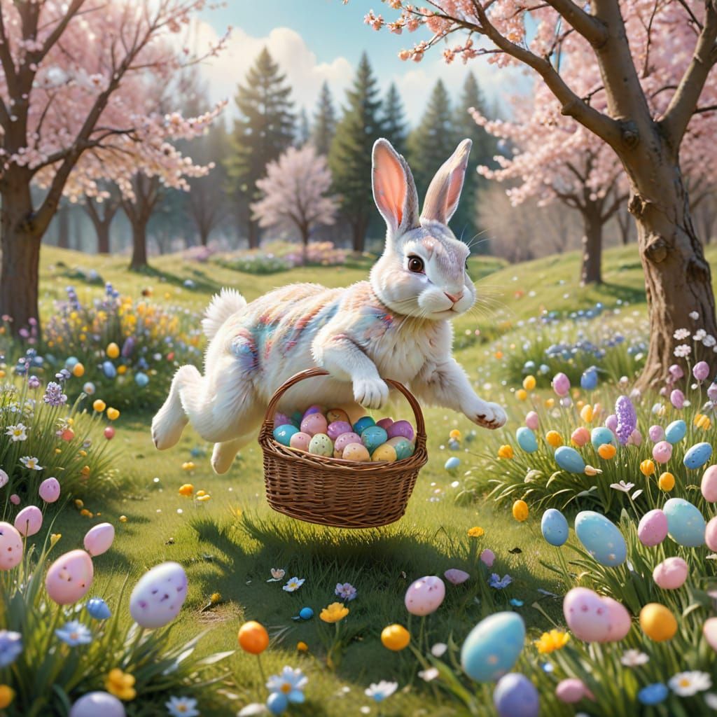 „Ein Osterhase springt fröhlich durch einen blühenden Garten...
