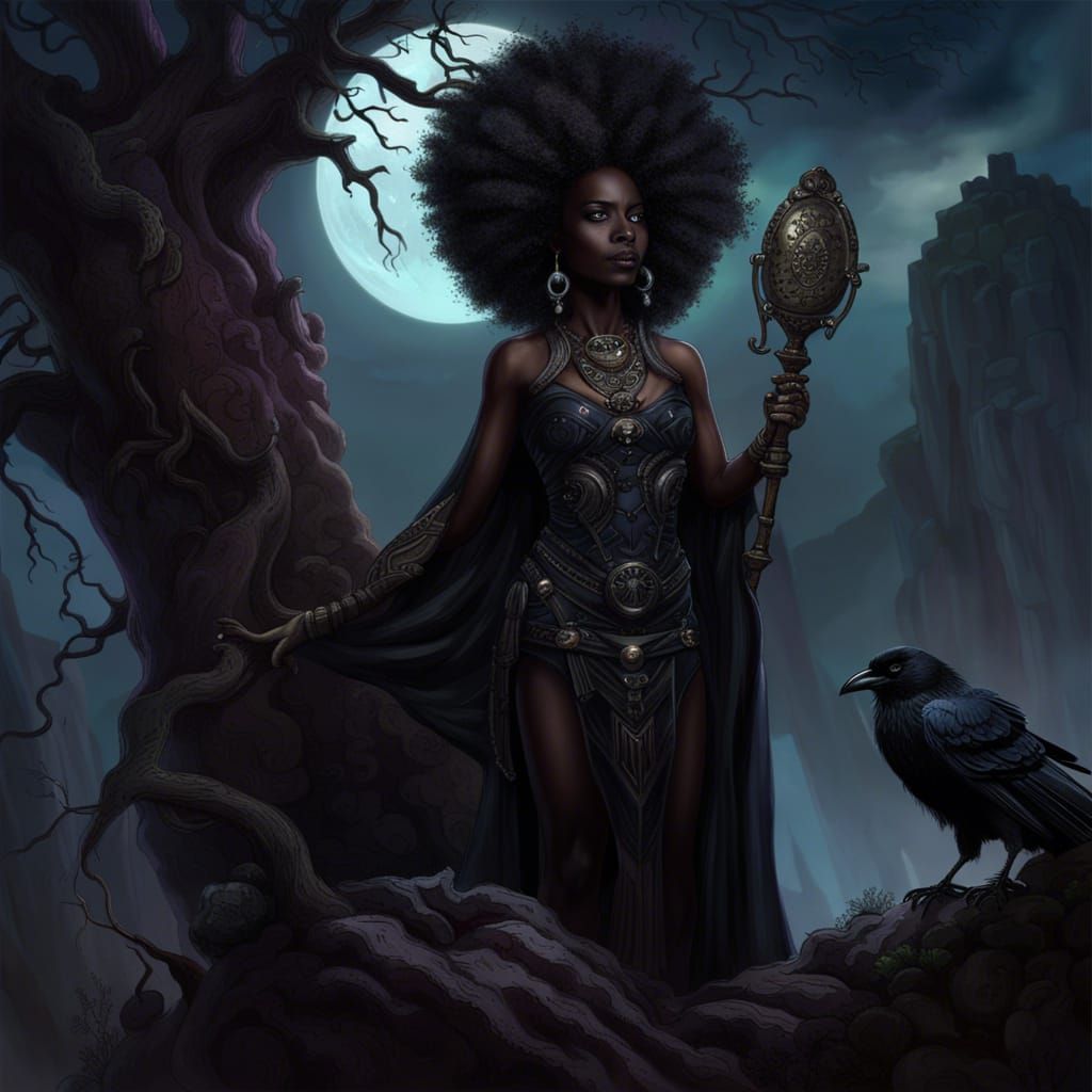 Gothic Goddess with Raven in Moonlight