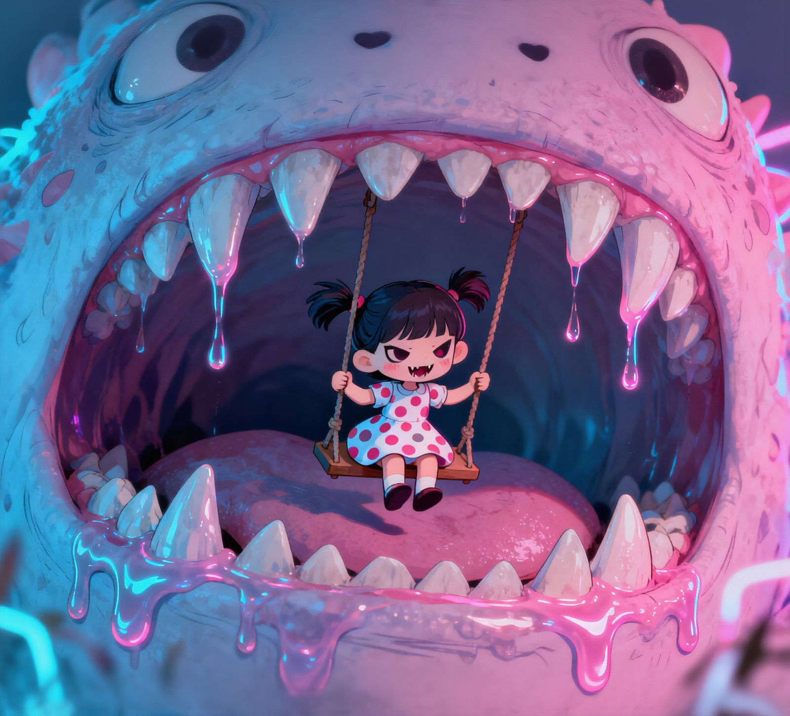 Kawaii Monster Swing: Cute Sinister Girl in Polkadot Dress