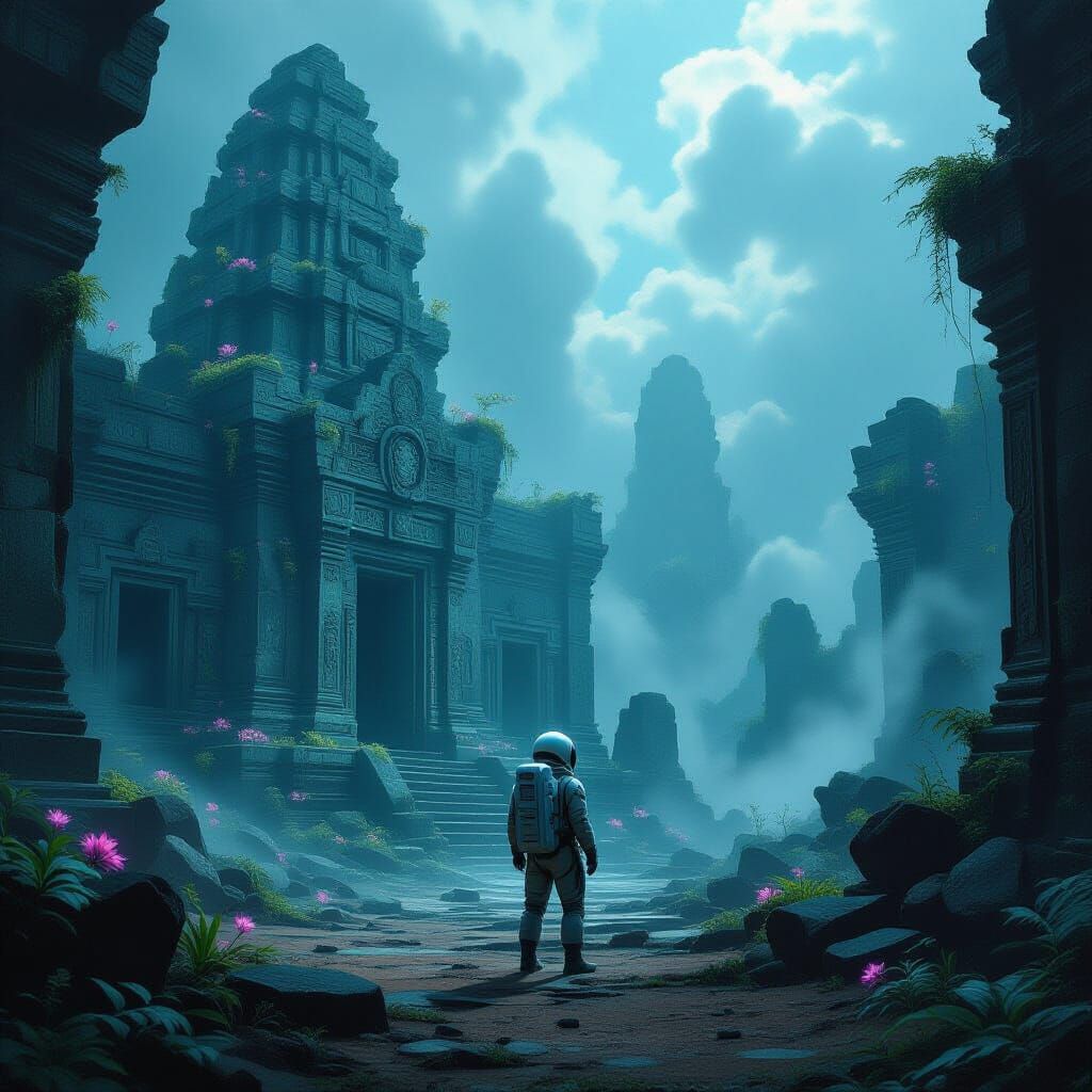 Astronaut Discovers Alien Temple in Surreal Sci-Fi Art