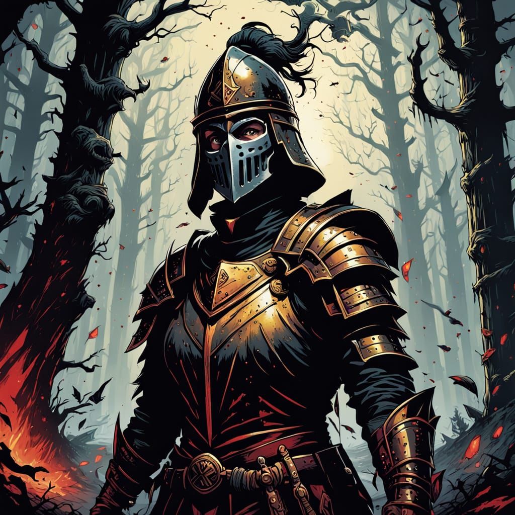 Comic Style Knight Guards Terrifying Shadow in Forest