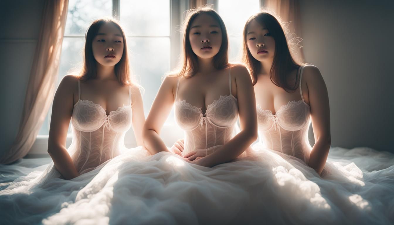 Three Goddess Sisters in a Sunlit Bedroom