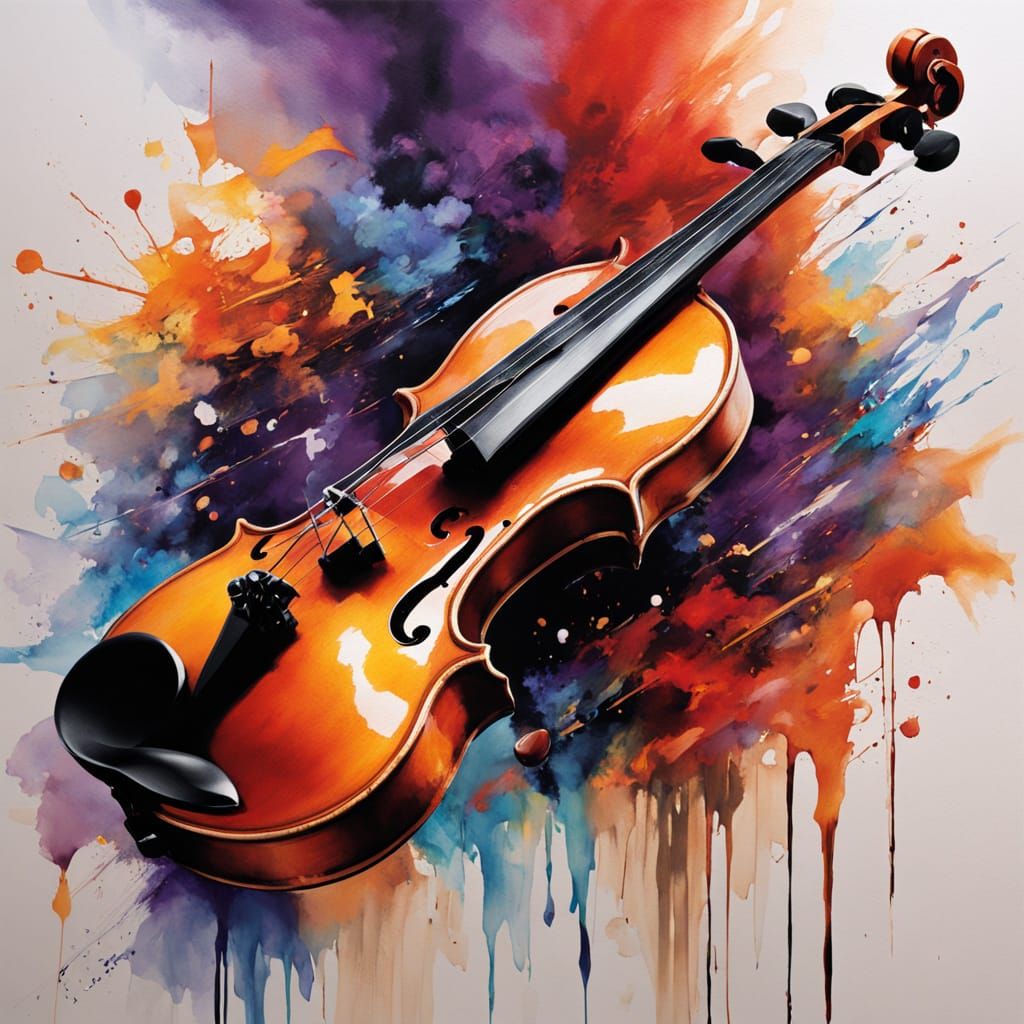 Dramatic Watercolor Violin Painting with Fiery Colors