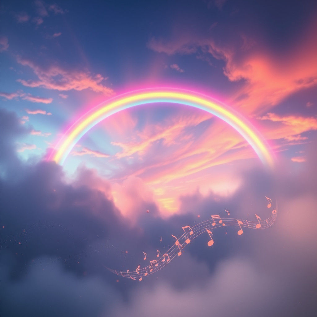 Rainbow Music Cascade in Dreamlike Sky