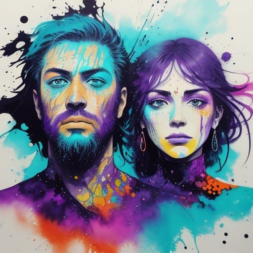 Nebula Couple Portrait in Abstract Expressionism