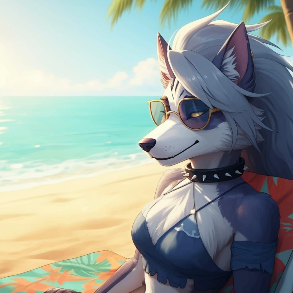 Anime-Inspired Beach Scene with Loona, Hellhound Character