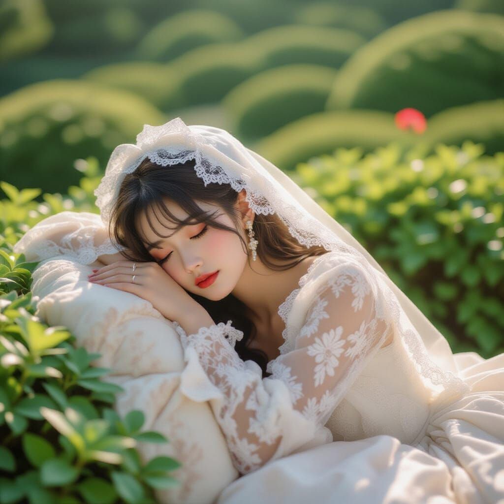 Kawaii Queen Asleep in Lush Garden, Flatlay Photo