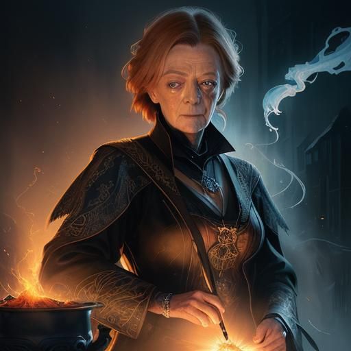 Minerva McGonagall Watercolor Portrait with Cauldron