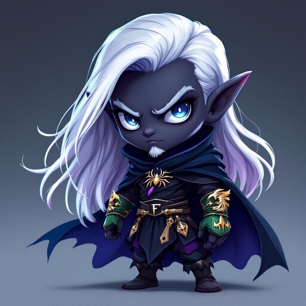 Dynamic Chibi Drow Elf Warrior in Cel-Shaded Style