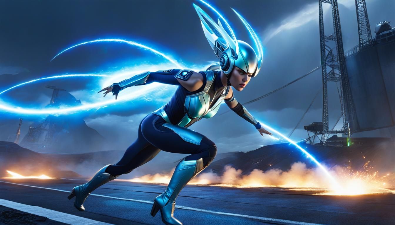 Heroic Alien Girl Three-Point Landing in Cosmic Style