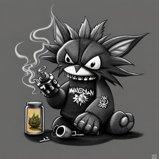 Cartoon Plush Monsters Enjoying Marijuana: Detailed Charcoal...