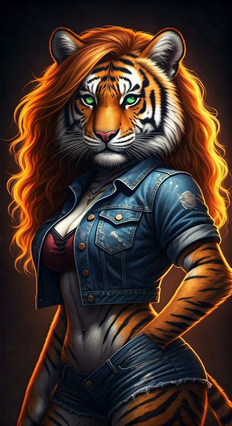 Dark Fantasy She-Tiger Portrait in Oil-Pastel Style