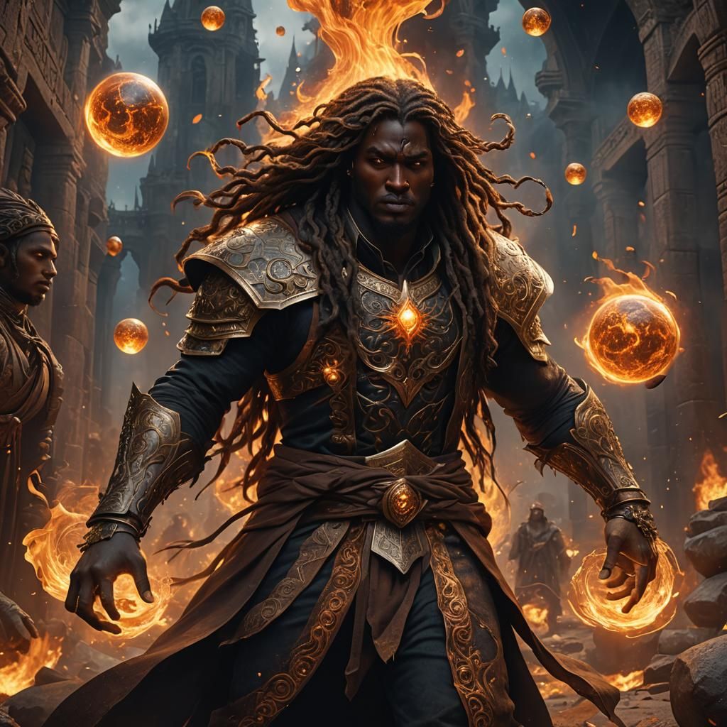 Blind Kalashtar Seer Surrounded by Fire Orbs