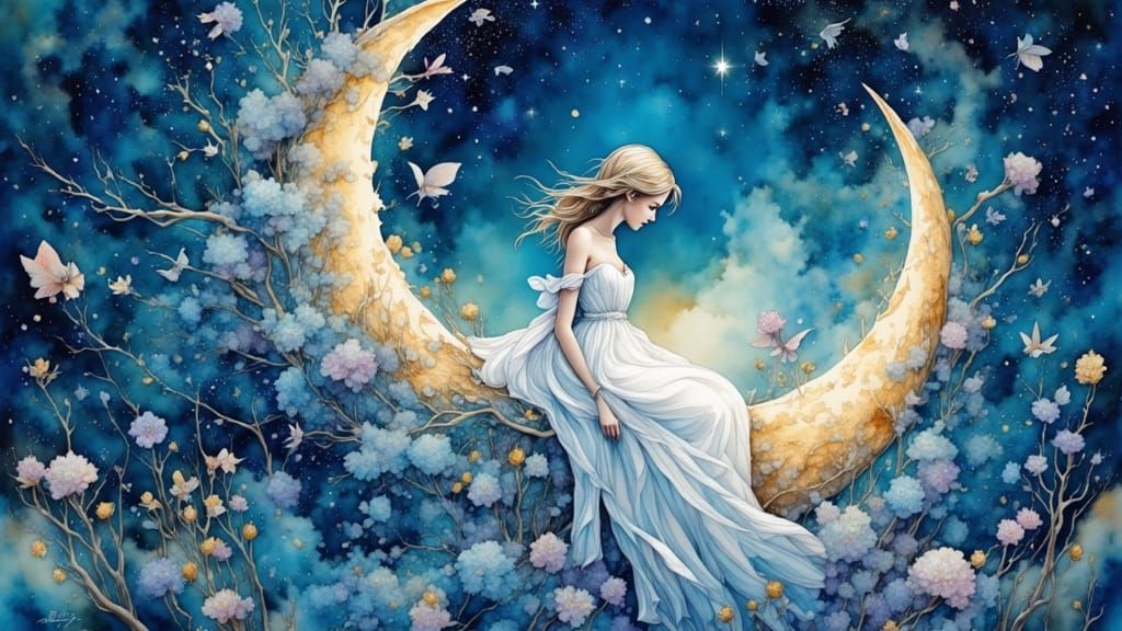 Woman on Moon in Watercolor Dreamscape