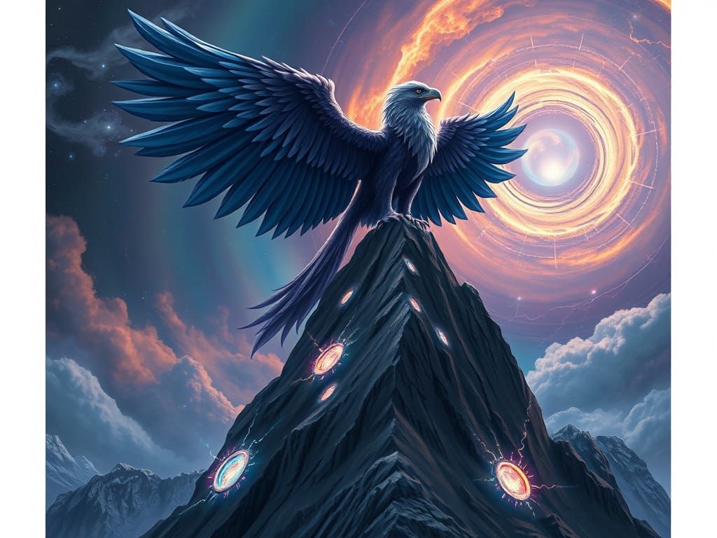 Griffin Perched Atop Mountain Gazing at Nebula