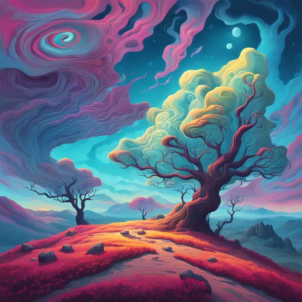 Surrealist Landscape with Glowing Plants and Twisted Trees