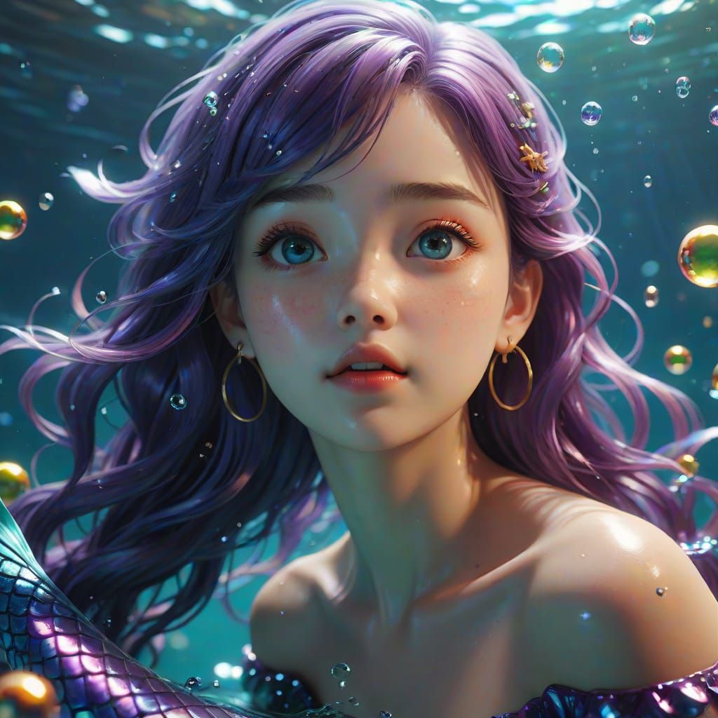 Anime Mermaid in Bubble with Shimmering Tail