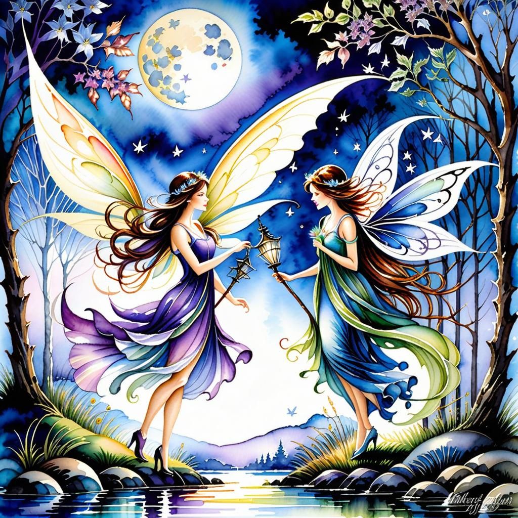 Enchanting Fairies in Moonlight: A Watercolor Fantasy
