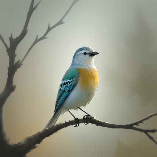 Watercolor Bird on Branch in Misty Forest