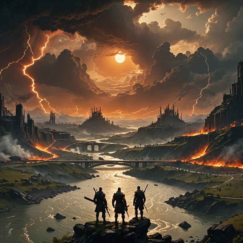 Heroic Vista: Men Silhouetted Against Fiery Sunset