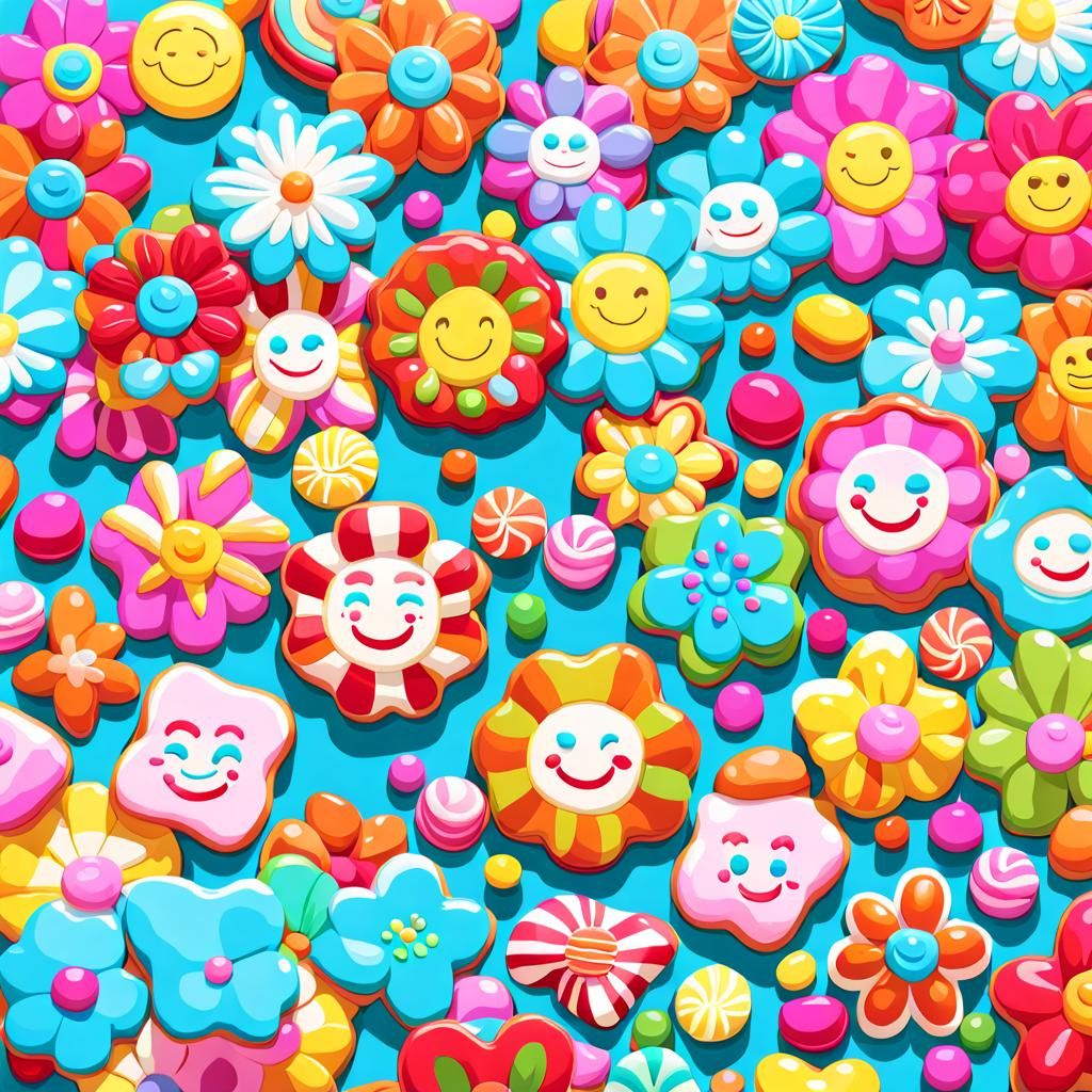 Smiling Flower Coasters in Candy Art Style