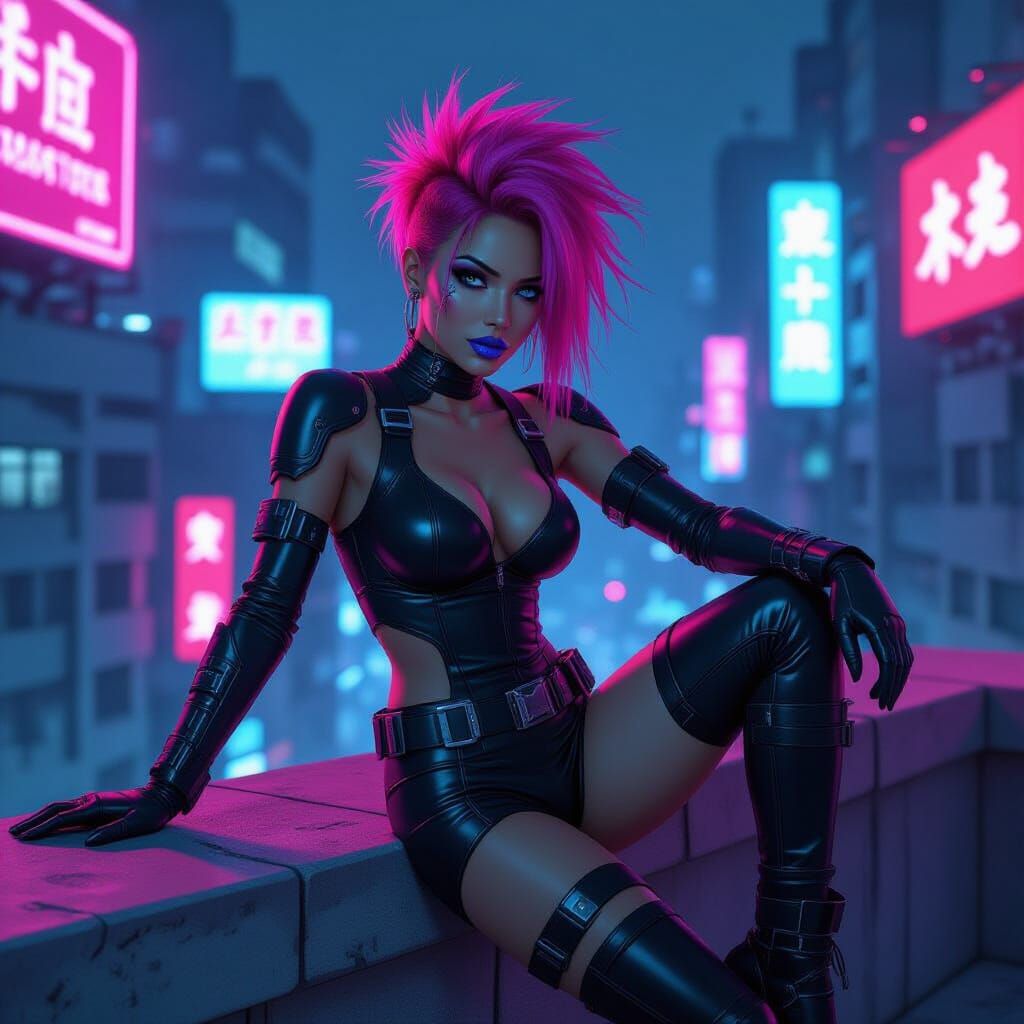 Cyberpunk Mercenary on Neon Lit Rooftop