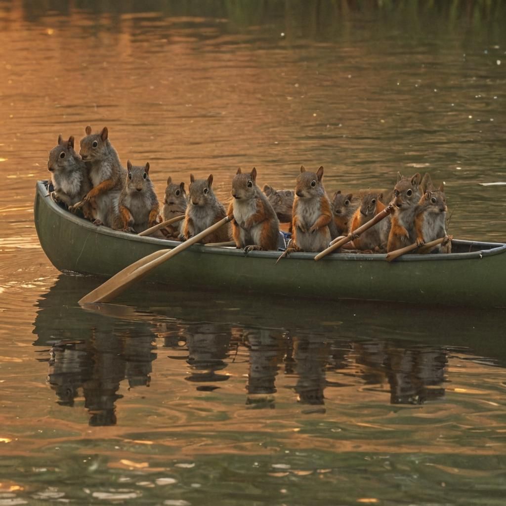 Squirrels in Canoe at Sunset