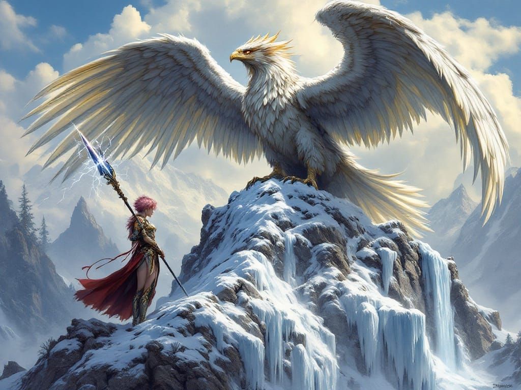 Epic Griffin and Warrior Scene in Fantasy Realism Style