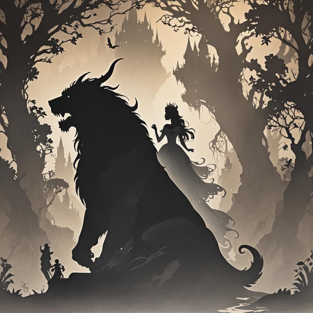 Silhouette of Beast Emerging from Princess