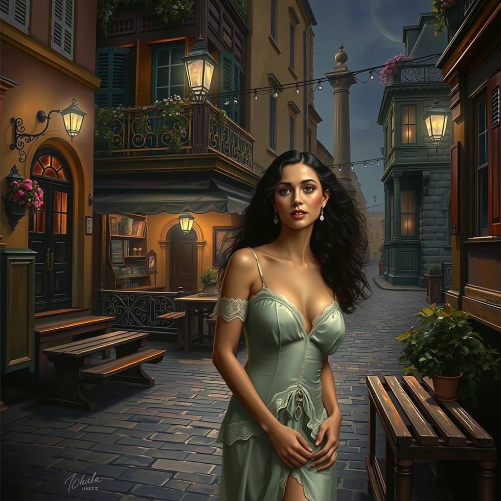 Enigmatic Beauty Walks a 19th-Century European City Street