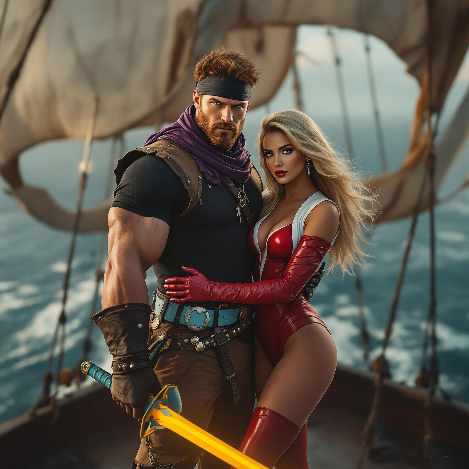 Muscular Sea Hawk and Blonde Princess Adora in Epic Pirate A...