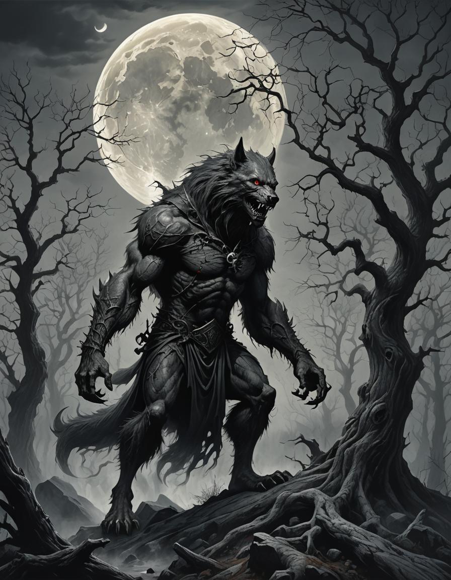 Gothic Werewolf Howls on Foggy Peak