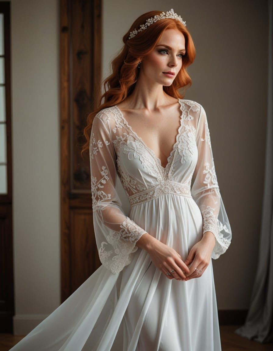 Elegant Redhead in Bridal Style Nightgown