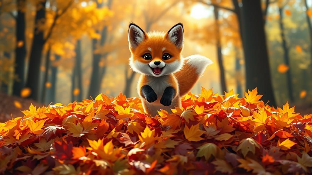 Fluffy Fox Cub Leaping in Autumn Leaves