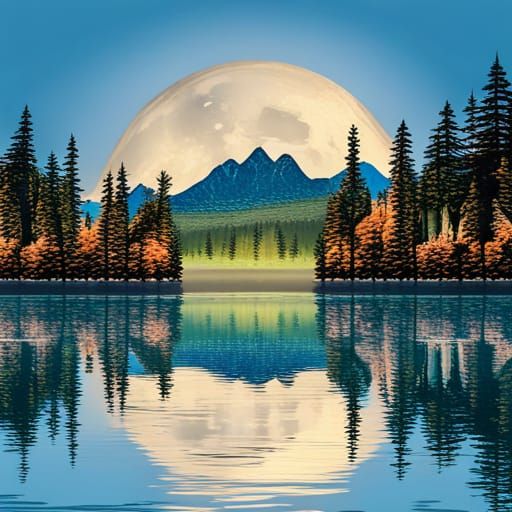 Magical Moonlit Mountain Reflection with Birch Trees