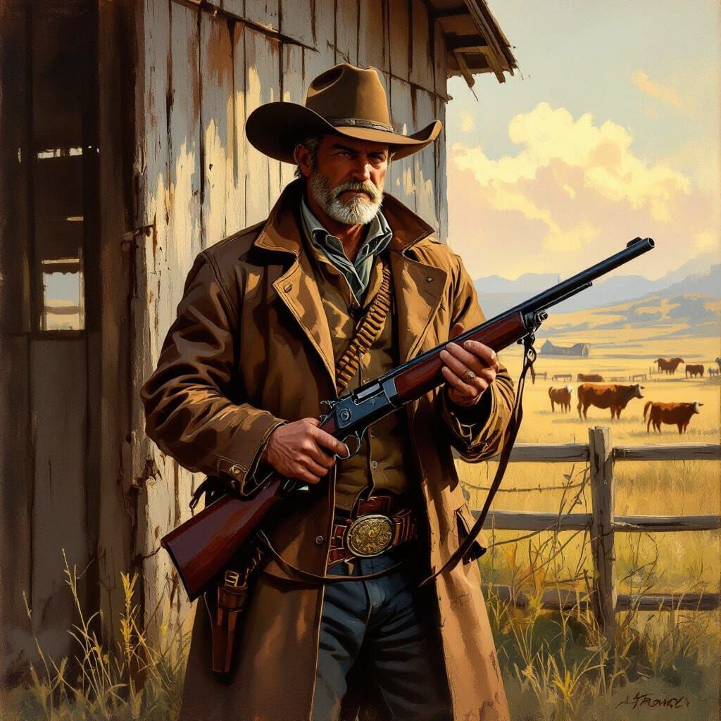 Grizzled Rancher with Rifle in Western Landscape