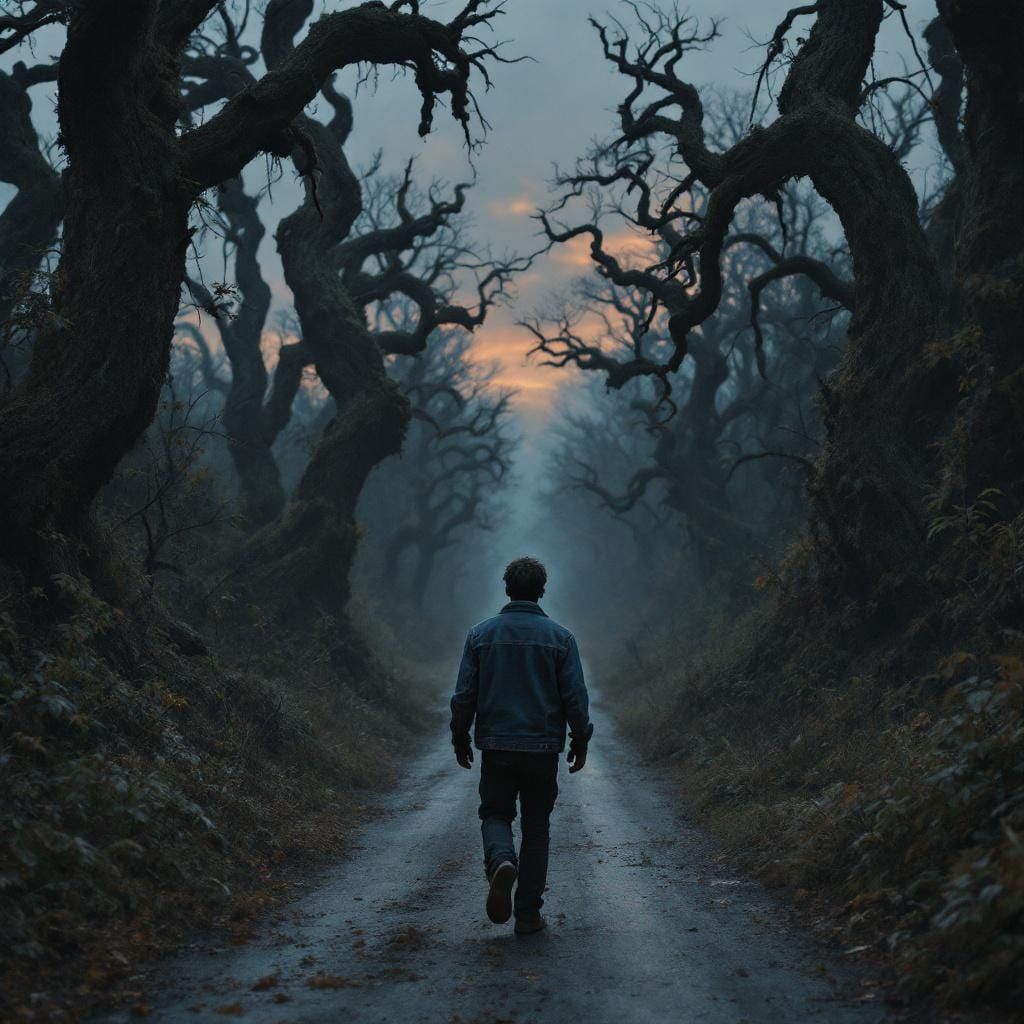 Eerie Backwoods Road at Dusk in Bioluminescent Style