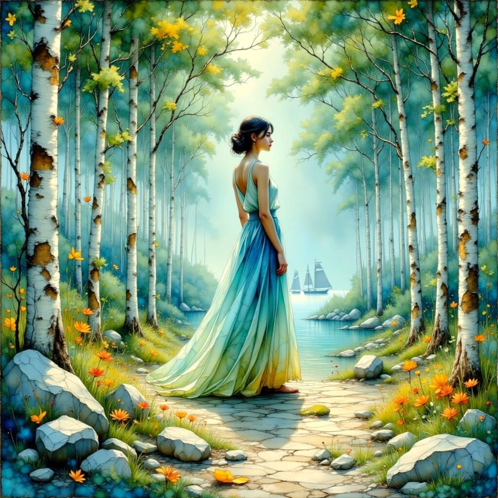 Forest Scene with Woman and Ships in Pastel Tones