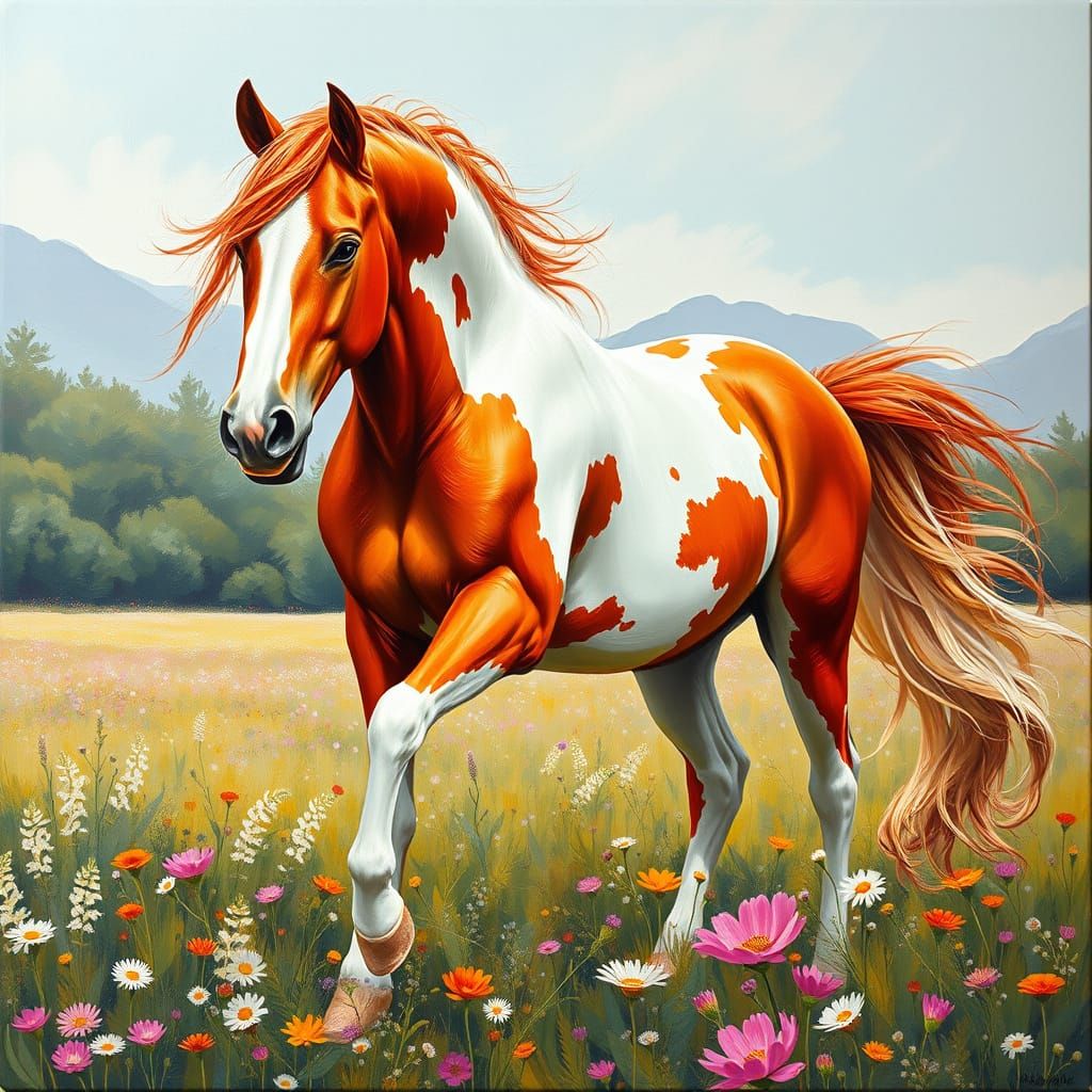 Majestic Ginger Pinto Horse in Lush Impressionist Landscape