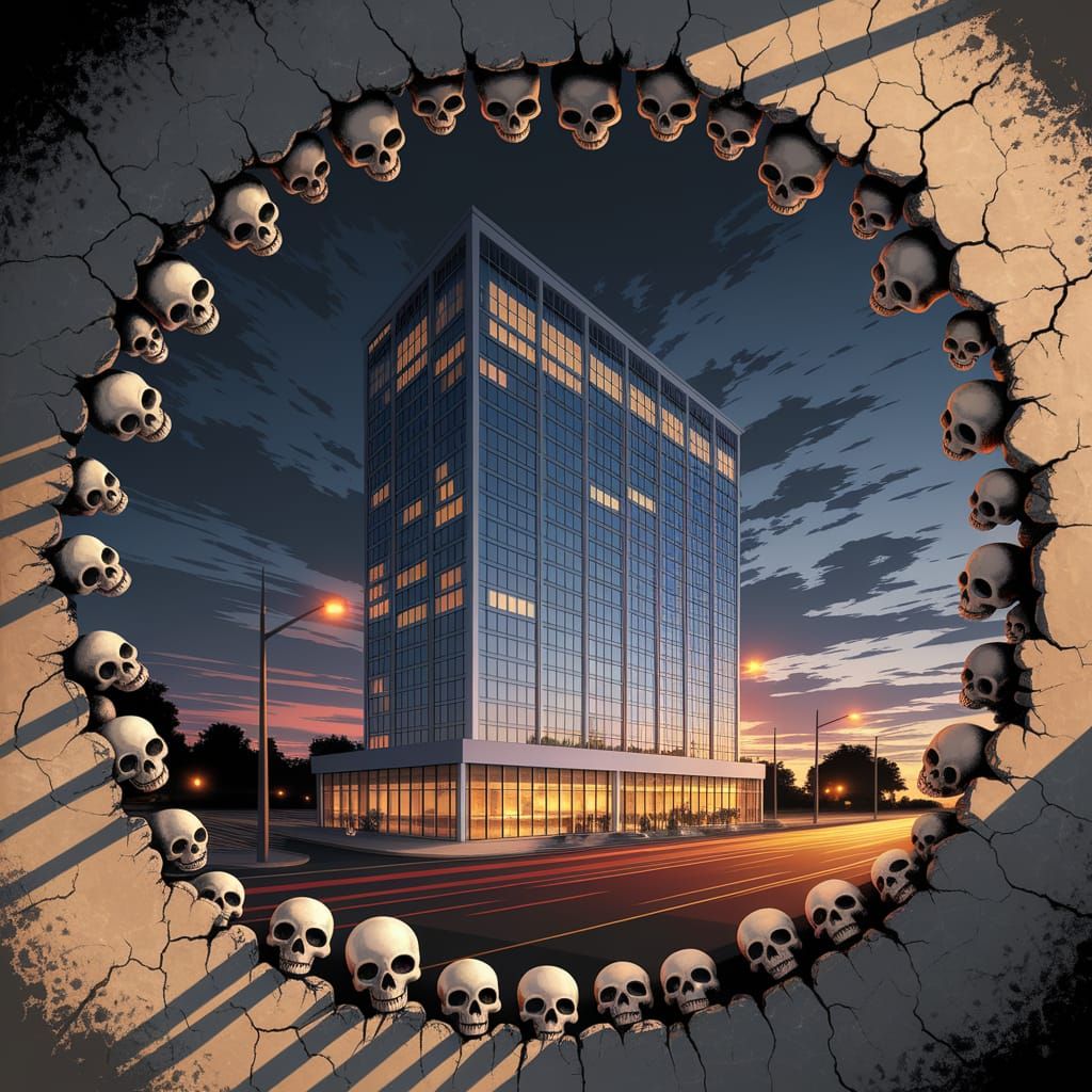 Banksy-Style Mural: Modern Hotel Surrounded by Skulls