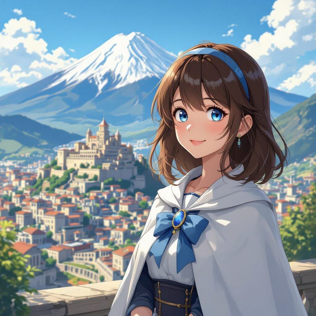 Anime-Fantasy Woman Overlooking Mountain City
