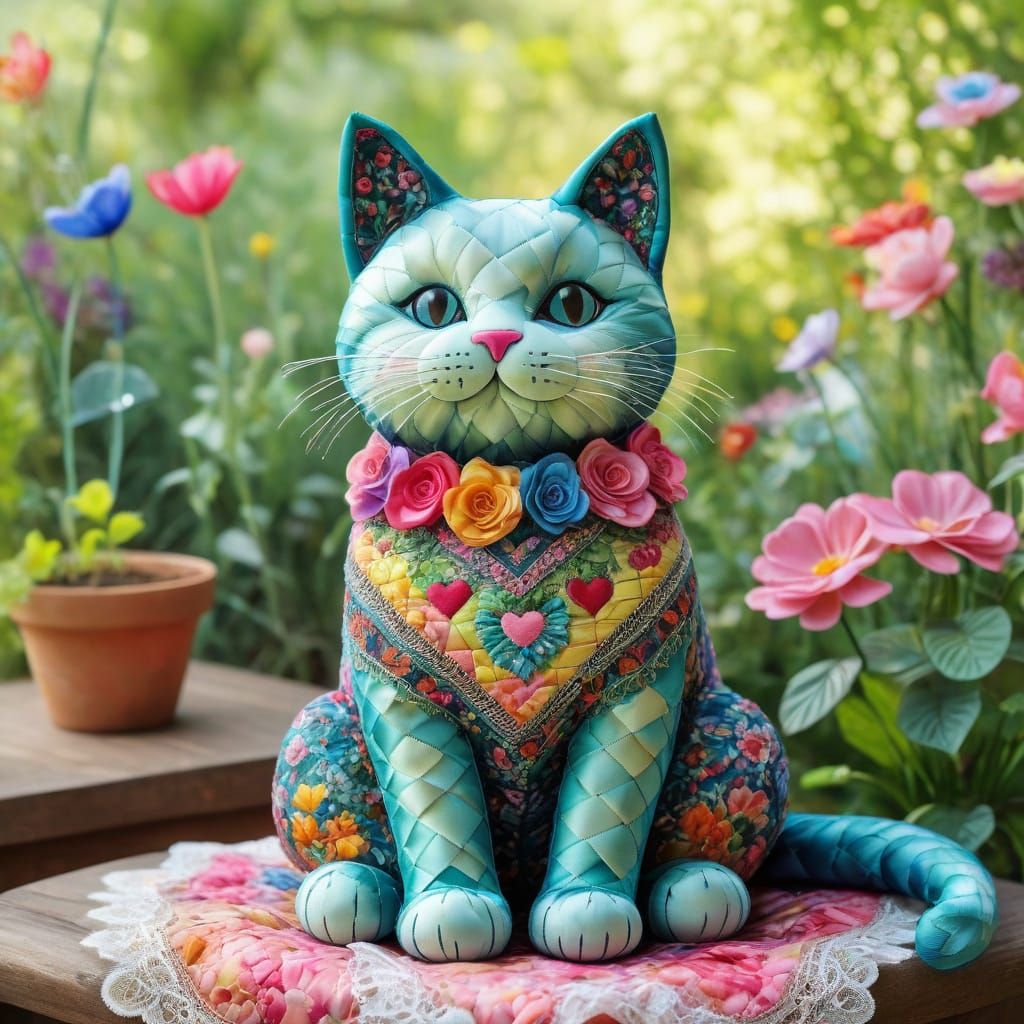 Sitting Cat Sculpture in Vibrant Silk with Quilted Garden