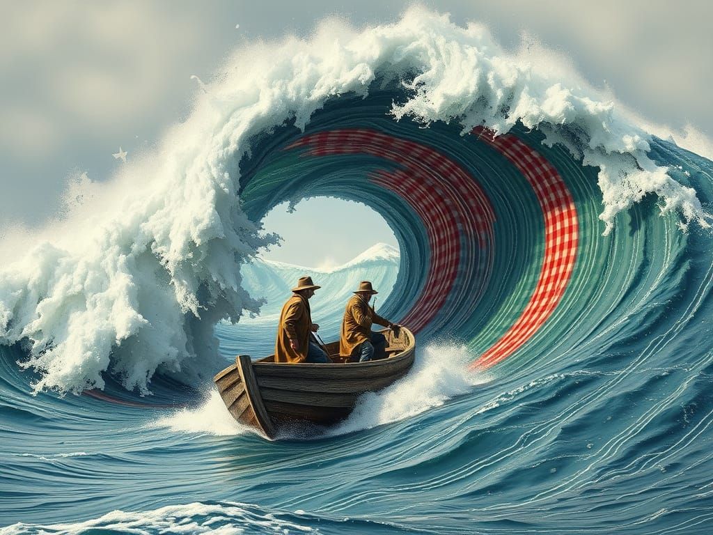 Gingham Wave Riders in Turbulent Landscape