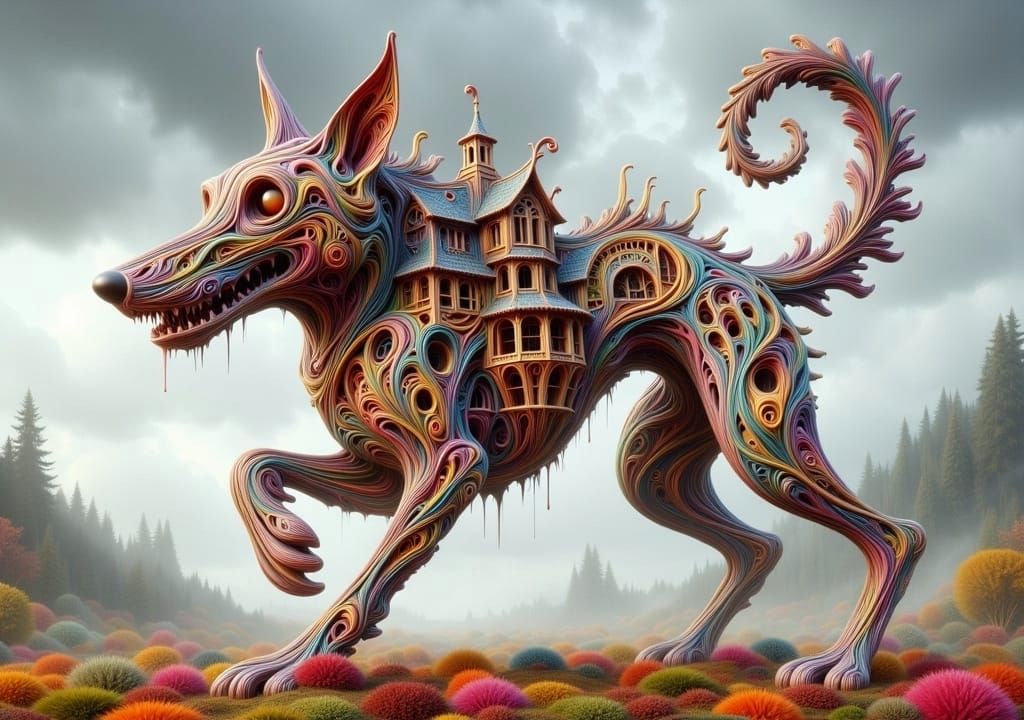 Surreal Dog Blended with Tim Burton Architecture