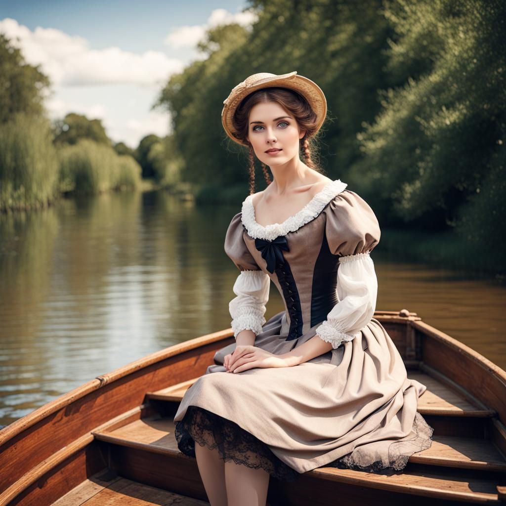 Victorian Girl in Boat on River