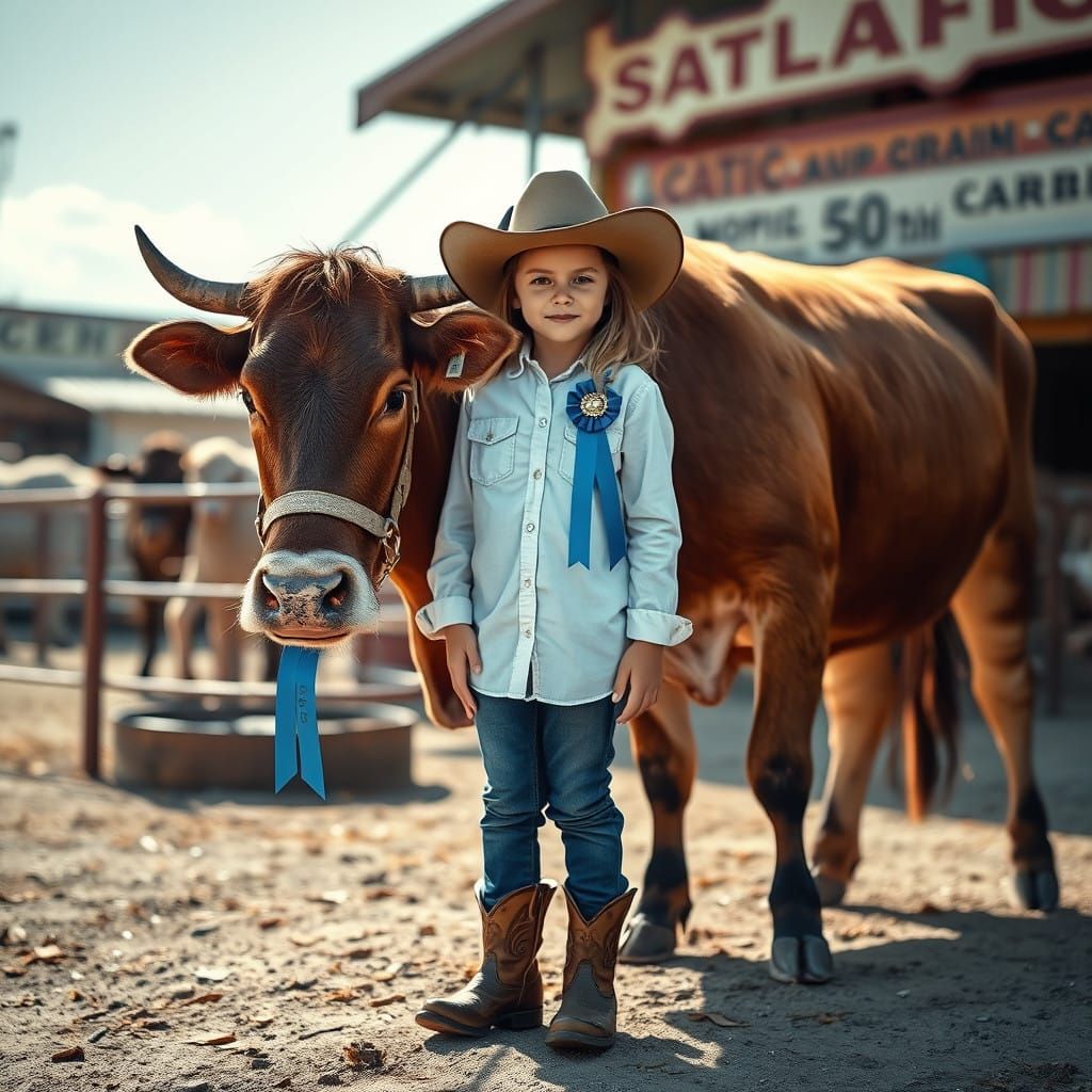 Girl showcases a majestic brown cow at a rustic fair